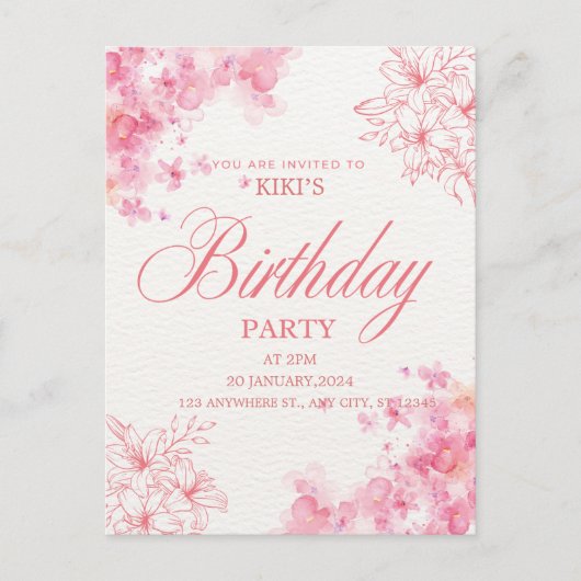 Elegant Pink Floral Birthday Invitation 案内ポストカード (正面)