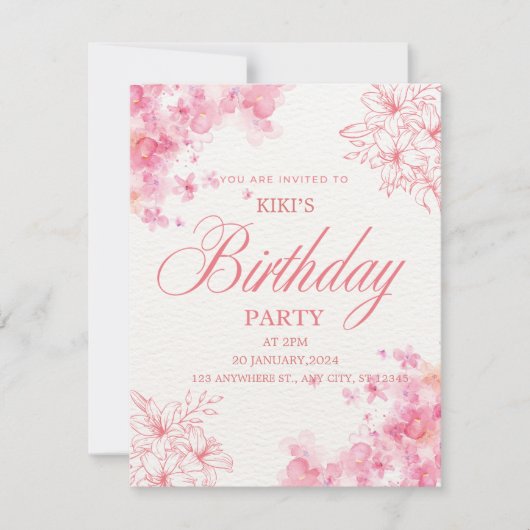 Elegant Pink Floral Birthday Invitation 案内状 (正面)