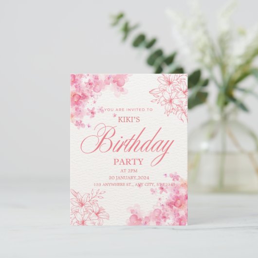 Elegant Pink Floral Birthday Invitation 案内状 (スタンド正面)