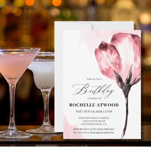 Elegant Pink Floral Birthday Party Invitation 招待状