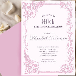 Elegant Pink Floral Border Women's 80th Birthday  招待状
