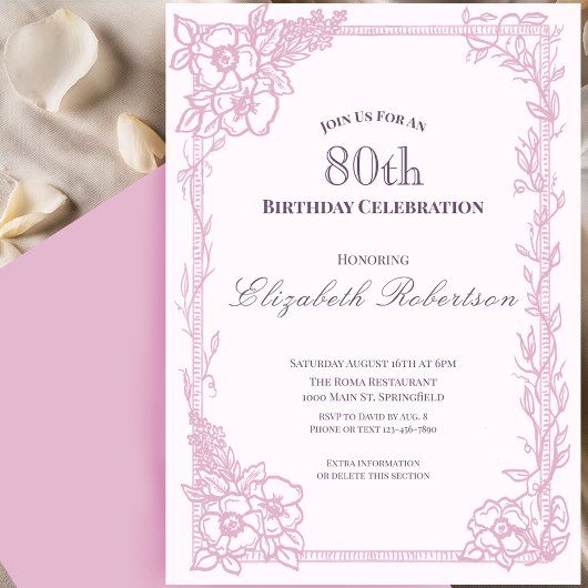 Elegant Pink Floral Border Women's 80th Birthday  招待状