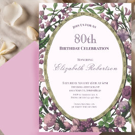 Elegant Pink Floral Border Women's 80th Birthday  招待状