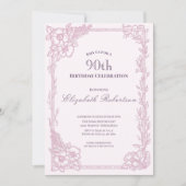 Elegant Pink Floral Border Women's 90th Birthday  招待状 (正面)