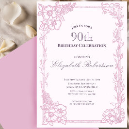 Elegant Pink Floral Border Women's 90th Birthday  招待状