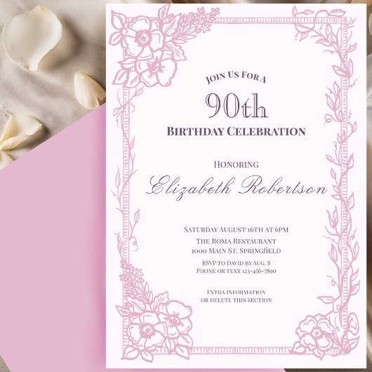 Elegant Pink Floral Border Women's 90th Birthday  招待状