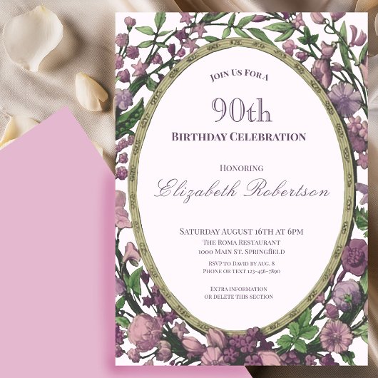 Elegant Pink Floral Border Women's 90th Birthday  招待状