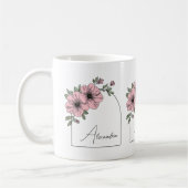 Elegant Pink Floral Botanical Arch Black Script コーヒーマグカップ (左)
