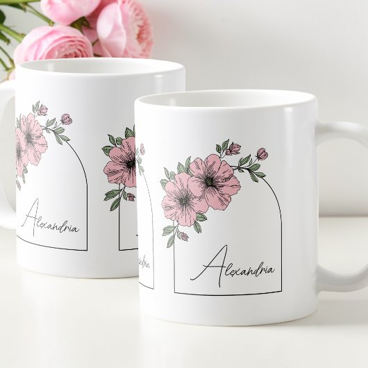Elegant Pink Floral Botanical Arch Black Script コーヒーマグカップ