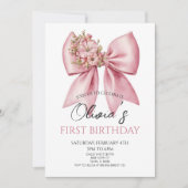 Elegant Pink Floral Bow Birthday Party 招待状 (正面)