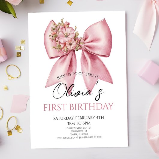 Elegant Pink Floral Bow Birthday Party 招待状