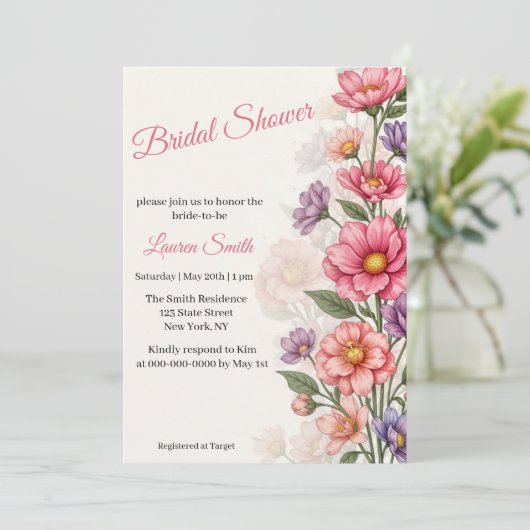 Elegant Pink Floral Bridal Shower Invitation 招待状 (スタンド正面)