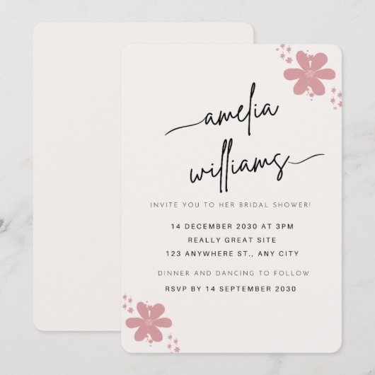 Elegant Pink Floral Bridal Shower Invitation - Cus 招待状 (正面/裏面)
