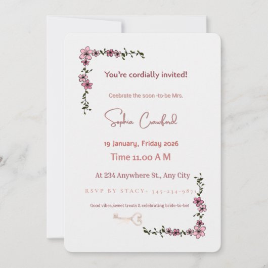 Elegant Pink Floral Bridal Shower Invitation | Min 招待状 (正面)