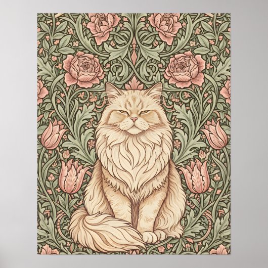 Elegant Pink Floral Cat Poster William Morris Art  ポスター (正面)