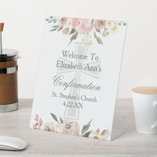 Elegant Pink Floral Confirmation Custom Party 台座サイン (インサイチュ)