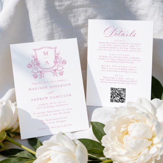 Elegant Pink Floral Crest All in One Wedding 招待状