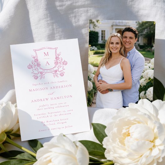 Elegant Pink Floral Crest Monogram Photo Wedding 招待状