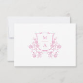 Elegant Pink Floral Crest Monogram Wedding 出欠カード (裏面)