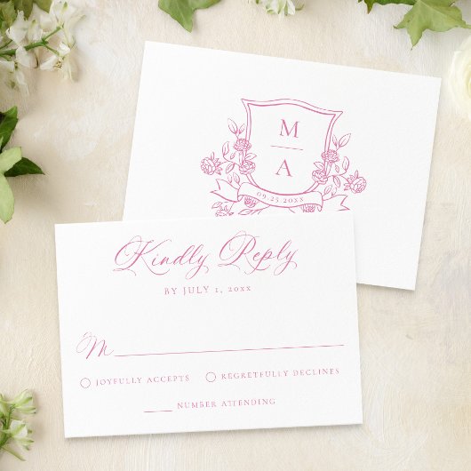 Elegant Pink Floral Crest Monogram Wedding 出欠カード