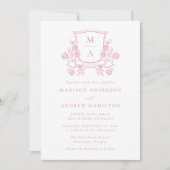Elegant Pink Floral Crest Monogram Wedding 招待状 (正面)