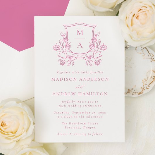 Elegant Pink Floral Crest Monogram Wedding 招待状