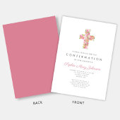 Elegant Pink Floral Cross Girl Confirmation 招待状