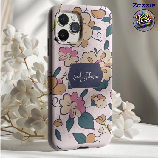 Elegant Pink Floral Custom Name Accent Case-Mate iPhoneケース