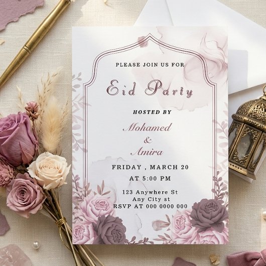 Elegant Pink Floral Eid Party Invitation 招待状