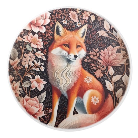 Elegant Pink Floral Fox William Morris Inspired セラミックノブ (正面)
