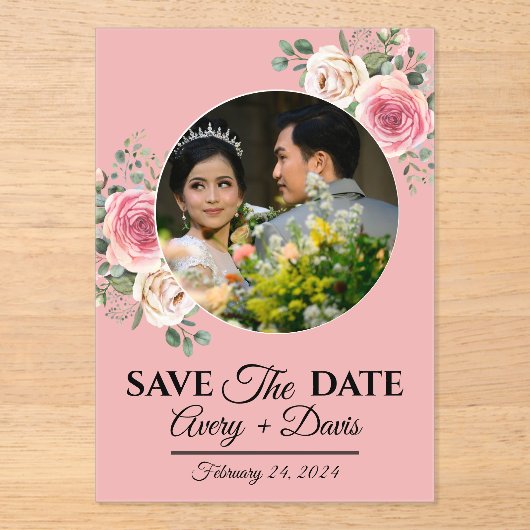 Elegant Pink Floral Fully Editable Save the Date アクリル招待状 (正面)