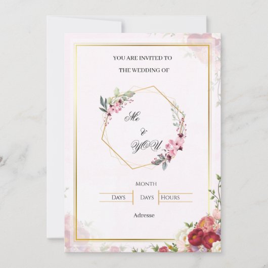 Elegant Pink Floral Geometric Wedding Invitation 招待状 (正面)