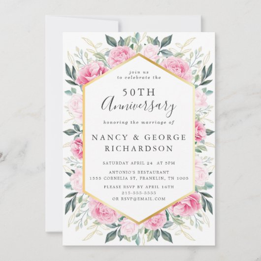 Elegant Pink Floral Gold 50th Wedding Anniversary 招待状 (正面)