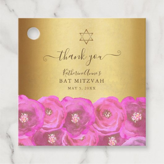 Elegant Pink Floral Gold Bat Mitzvah Thank You フェイバータグ (正面)