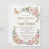 Elegant Pink Floral & Gold Butterfly  Baby Shower  招待状 (正面)
