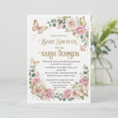 Elegant Pink Floral & Gold Butterfly  Baby Shower  招待状 (スタンド正面)
