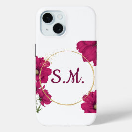 Elegant Pink Floral Gold Circle Phone Case iPhone 15ケース