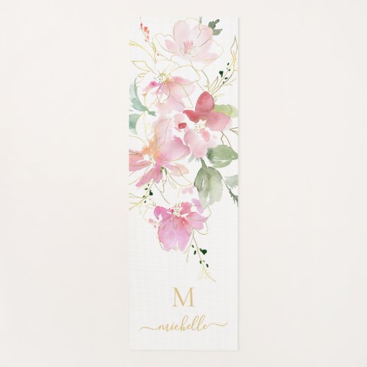 Elegant Pink Floral Gold Script Monogram ヨガマット (正面)
