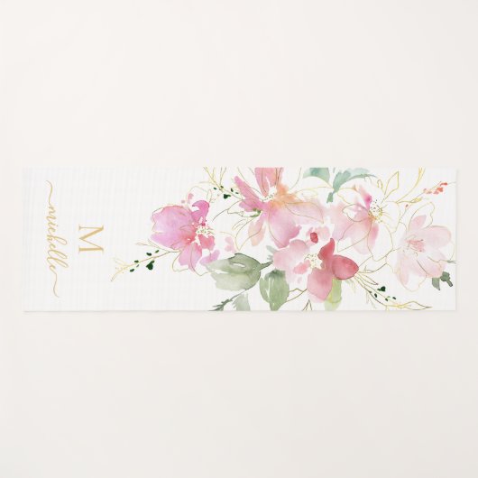 Elegant Pink Floral Gold Script Monogram ヨガマット (正面(横))