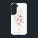 Elegant Pink Floral Gold Script Monogram Samsung Galaxy S22ケース<br><div class="desc">A modern monogram design featuring a delicate,  pink floral watercolor with gold script and serif typography on a white background. The monogram and name can be easily personalized.</div>