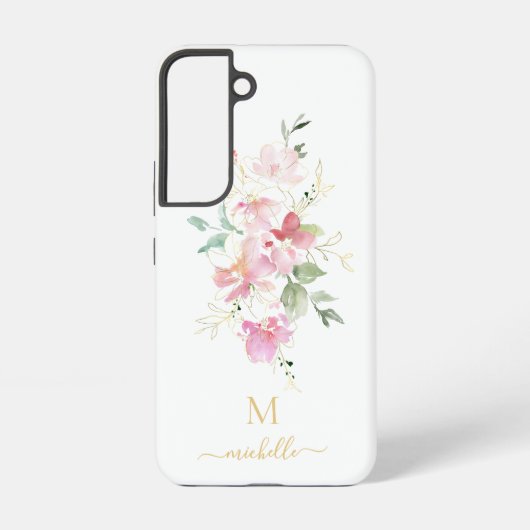 Elegant Pink Floral Gold Script Monogram Samsung Galaxyケース (裏面)