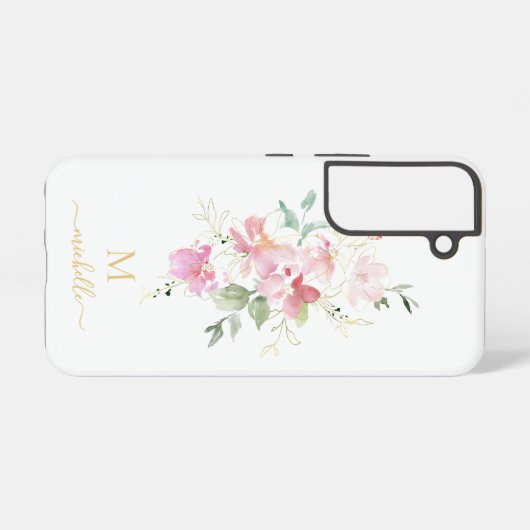 Elegant Pink Floral Gold Script Monogram Samsung Galaxyケース (裏面横)