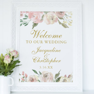 Elegant Pink Floral Gold Welcome to our Wedding ポスター