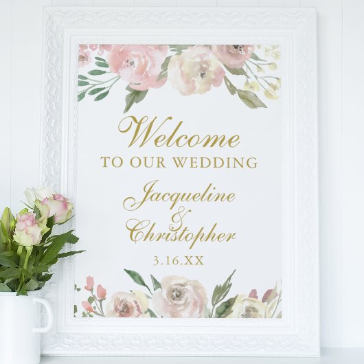 Elegant Pink Floral Gold Welcome to our Wedding ポスター