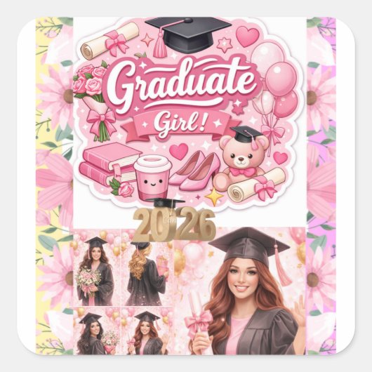 Elegant Pink Floral Graduation Party baner スクエアシール (正面)
