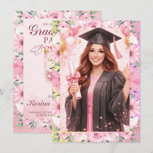 Elegant Pink Floral Graduation Party Invitation 招待状 (正面/裏面)