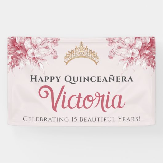 Elegant Pink Floral Happy Birthday Quinceañera 横断幕 (横)