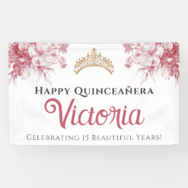 Elegant Pink Floral Happy Birthday Quinceañera 横断幕