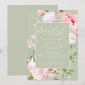 Elegant Pink Floral Light Sage Green Bridal Shower 招待状 (正面/裏面)