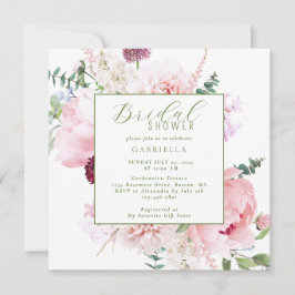 Elegant Pink Floral Light Sage Green Bridal Shower 招待状